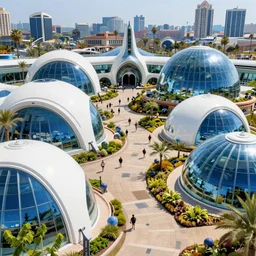 crowded futuristic san diego's zoo with white and blue glass domes, sunny day, hyperdetailed, artstation, cgsociety, 8 k