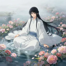 Stunningly beautiful Anime God of indeterminate gender of the floral river flowers, misty,  by cgsociety,  in the style of Charlie Bowater, Tom Bagshaw,  intricate, beautiful, artstation 8k, high resolution