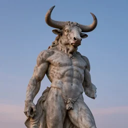 sculpture of moloch, digital art, classical art, sharp focus, clear sky, muscular bull headed man, twilight sky