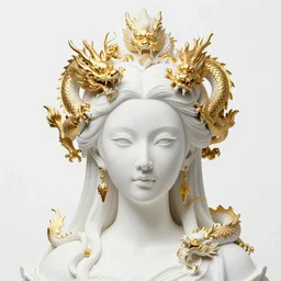 full head and shoulders, beautiful female white, porcelain sculpture, with lots of ornate gold leaf 3 d chinese dragons attached to head by daniel arsham and james jean, on a white background, delicate facial features, white eyes, white lashes,
