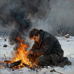 closeup of a lonely man curled up on fire with black smoke, on a snowy post apocalyptic field, painting by beksinski
