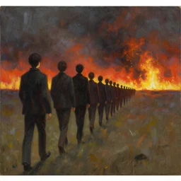 an oil painting of a line of people walking into the distance, fire on the horizon, by marc simonette and alexander jansson, junji ito, concept art