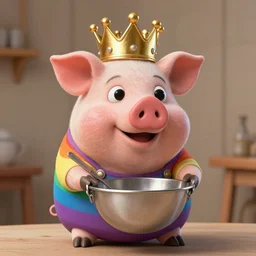 rainbow pig wearing a gold crown as a Muppet using a mixing bowl 8k
