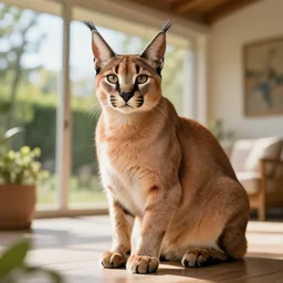 portrait photograph of big floppa the caracal posing in a house, professional portrait, poster, scenic, beautiful, day time, sun light, natural light