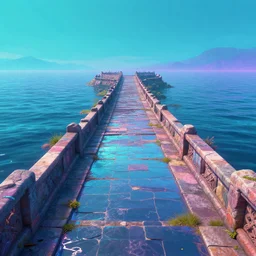 a ancient pathway in the middle of the sea, retrowave art, vaporwave, artstation, volumetric light, high detail, reflections, perfect, concept art, hdr, 4 k