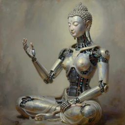 a biomechanical android alien robot female buddha teaching humans on enlightenment, concept art, intricate detail, volumetric shadows and lighting, oil painting by tim hildebrandt,
