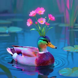 a duck in a pond with flowers growing from it's head, painterly, neon colors, cyberpunk, cinamatic, diffused light, simon stalenhag,