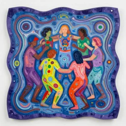 lifelike, amorphous by sarah sze blue violet. mixed media art. a brightly colored, abstract scene. it appears to show a group of people or animals in a joyful embrace, with swirls of color & patterns around them.