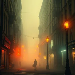 a cyberpunk digital art of a victorian - era street, beautiful digital art, filthy, volumetric lighting, thick smog, steam, orange street lamps, highly detailed, professional, washed out colors