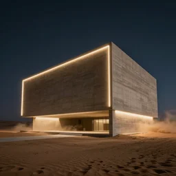 massive concrete structure with neon lights in a sandstorm in the desert at night, minimalist architecture,