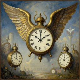 surreal surrealism surrealist painting of winged clocks, detailed, vertical symmetry