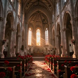 a interior photo of a ruined church with a lot of red flowers growing inside at sunset, godrays, complementary colours, concept art, DeviantArt, Ferdinand Knab, beautiful, 8K,highly detailed, high quality spacious view in unreal engine rendering, CGSociety
