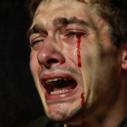 Alex Jones extreme closeup crying blood rembrandt oil painting dramatic lighting in space