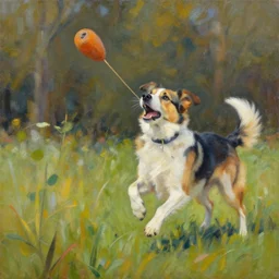 expressive painting of a dog playing fetch by greg rutkowski