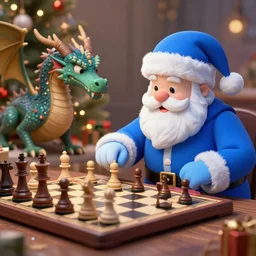 blue santa playing checkers against a christmas themed dragon, digital art, highly detailed,