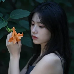 beautiful girl with black hair, holding brugmansia flower, colour, dark scenery, sad