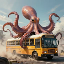ancient octopus monster devouring a school bus, crushing a school bus, highly detailed, 8 k, trending on artstation, award - winning art,