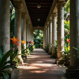 a hallway lined with tall columns surrounded by tropical flowers and plants