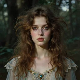 a beautiful and eerie baroque painting of a gorgeous young woman, with wild hair and haunted eyes, 1 9 7 0 s, woodland, afternoon light, delicate ex embellishments, painterly