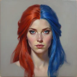 A detailed matte oil on canvas head on symmetrical portrait of a distinguished elven woman with split red hair left and blue hair  on an empty background,  by Charlie bowater and lise deharme wlop, trending on artstationhd,  dungeons and dragons art,  half &  half hair, split dye, critical role