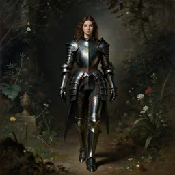 woman in dark princess dragon armor, walking on the gloomy garden, portrait. by william henry hunt