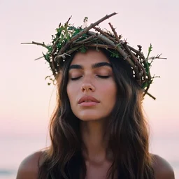 A analog head and shoulder frontal portrait photography of Nadya Hutagalung wearing an intricate twig crown by Annie Leibovitz. Long hair. eyes closed. soft gradient pastel color background. Backlit. Kodak Color Plus 200 film. Tropical mood. detailed. hq. realistic. warm light. muted colors. lens flare. photoreal. Leica M9.