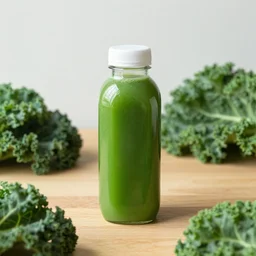 minimalist zen juice bottle on an oak table surrounded by kale, intricate detail, high quality, hyperrealistic,