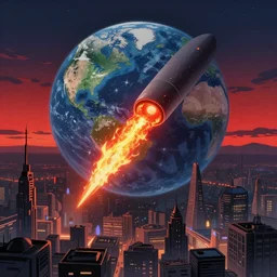 A comet on fire approaching earth, red sunset, futuristic city, extra detailed, digital illustration, by Makoto Shinkai and thomas kinkade, digital painting, Matte painting, trending on artstation and unreal engine