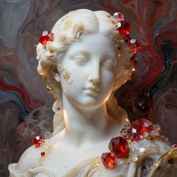abstract highly detailed female sculpture portrait made of white marble and red crystals quartz and minerals, ethereal lights, fine details, artstation, film still, rim light, cinematic photoshooting, illustration, 8 k, intricate golden filigree, octane render, hypperrealistic painting, abstract liquid acrylic art, painting by james gilleard and minna sundberg