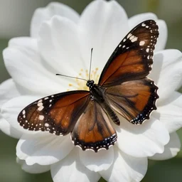 beauty dark brown monarch butterfly, white floral background, ethereal Bohemian+atmospheric+radiant+elegant, detailed and intricate