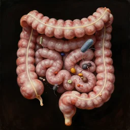 by arthur streeton terrifying. a photograph of the human intestine in all its glory. each section of the intestine is labelled, & various items & creatures can be seen inside, such as bacteria, food particles, & even a little mouse.