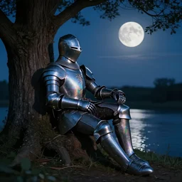 an iridescent knight resting by a tree next to a river, lit by a full moon at midnight