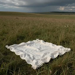 “small white linen picnic blanket laid out amongst a grassy prairie scene, muted colours”