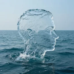 water artwork manipulation in the shape of a human head on the ocean, ray tracing, realistic water sharp focus, long shot, 8 k resolution, cinematic