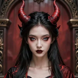 a demon girl at the gates of hell, flawless symmetrical pretty cute face, greg rutkowski, 8 k, shallow depth of field, intricate detail, concept art,