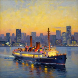 a neon robotic cyberpunk steamboat in bay of tokyo, retrofuturistic japanese impressionism, huge city, oil on canvas, natural colors, horizon, golden hour, glowing lights, water reflections, perfect composition, rule of thirds, masterpiece, detailed, ethereal, megalophobia, by gustave caillebotte, wlop, mucha, greg rutkowski