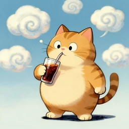 chubby cartoon concept art, cat drinking soda, from lorax movie, spiral clouds, sam and max by pablo picasso