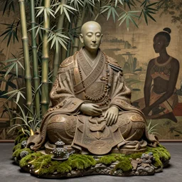 ancient japanese monk, by kiki smith, by maria sibylla merian, by wangechi mutu, chinese painting, concept art, third - person, 3 - dimensional, 1 6 k, rim lights, moss, bamboo, insanely detailed and intricate, hypermaximalist, elegant, ornate, hyper realistic, super detailed