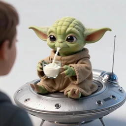 over-the-shoulder shot, hyperdetailed masterpiece concept art of Yoda drinking yogurt sitting on an UFO, 4k Detailed Matte Illustration trending on ArtStation