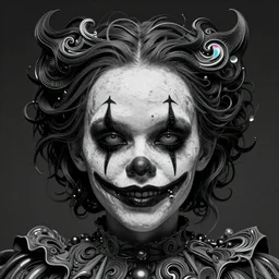 portrait of a creepy clown girl skull. intricate abstract. intricate artwork. nightmare fuel. terrifying. by Tooth Wu, wlop, beeple, dan mumford. octane render, trending on artstation, greg rutkowski very coherent symmetrical artwork. cinematic, hyper realism, high detail, octane render, 8k, iridescent accents, black and white