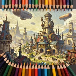 colored pencils an epic fantasy comic book style painting of a fantasy steampunk town with airships flying above it, fine details, no repeat, concept design, contrast, kim jung gi, pixar and da vinci, trending on artstation, 8 k, ultra wide angle