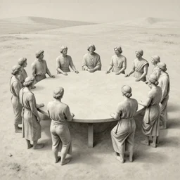rigorous, manmade by diego dayer, by howard pyle. a beautiful land art of a group of people standing around a circular table. in the center of the table is a large, open book. the people in the land art are looking at the book with interest & appear to be discussing its contents.