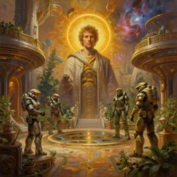an oil painting by donato giancola, warm coloured, highly detailed cinematic scifi luxurious futuristic victorian garden courtyard, beeple, halo, star wars, ilm, star citizen, halo, mass effect, high tech industrial, artstation unreal, nebula, 4 k, 8 k, hd