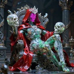 photo of full - bodied rococo and cyberpunk delicate neon crystalline sculpture of seductive muscular onyx albino marble prince nick jonas green iridescent humanoid deity wearing red plastic hooded cloak holding an glass skull in a onyx dragon dungeon, reclining, glowing magenta face, crown of white diamonds, cinematic lighting, photorealistic, octane render 8 k depth of field 3 d