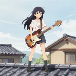 anime girl stands on the roof of a japanese house with a bass guitar in her hands against the background of a sunset, comic