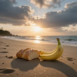 a bread and a banana in love at the beach with sunset