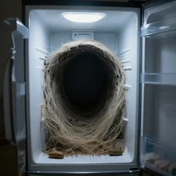 a fridge with a wormhole leading to nowhere inside. dramatic photo.