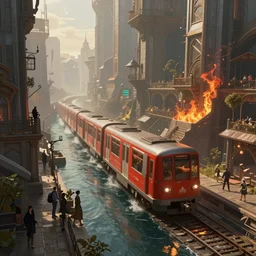 an urban train rides inside of a waterway on a fantasy city. by artstation trending, by joseph mallord william turner, luis royo, konstantin razumov, cinematic lighting, fractal flame, highly detailed