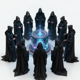 a dark cabal of multiple hooded elven mystics in long dark robes gathered in a circular formation around a quantum computer processing the spirits of the dead, dan seagrave art, michael whelan