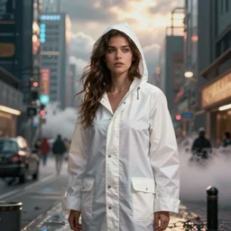 woman in a white raincoat on the streets of alien city in the clouds
